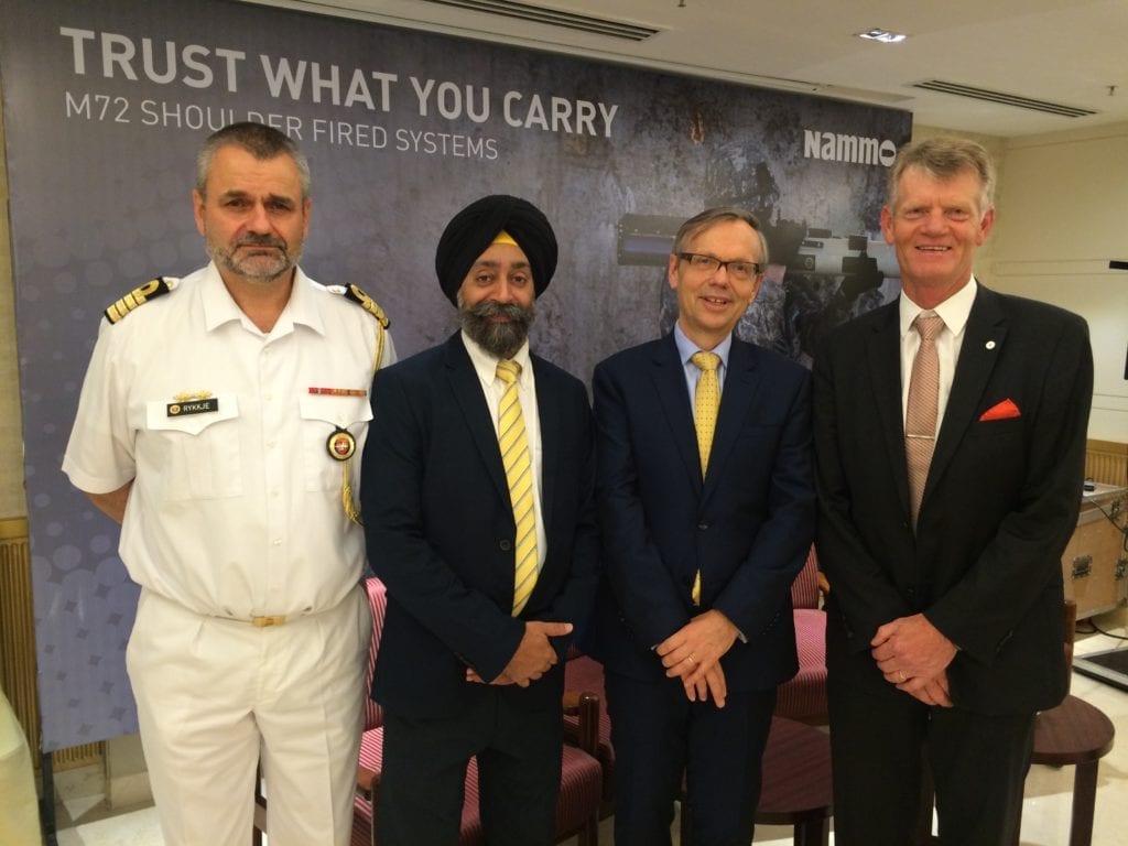 From left: Defense Attachee Hogne Rykkje, Managing Director Nammo India, Karanjit S. Chopra, Norwegian Ambassador to India Nils Ragnar Kamsvåg, Kjell Kringsjå Senior Vice President Business Development, Nammo Group. Photo credit: nammo.com 